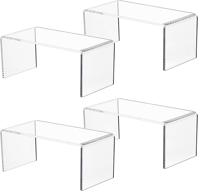 Jusalpha 4 PC Clear Acrylic Risers, Acrylic Display Risers Shelf Showcase Fixtures for Jewelry, Display Stand for Amiibo Funko POP Figures, Cupcakes, Food Display, Cabinet- (8''x 4''x 4.5'', 4 sets)