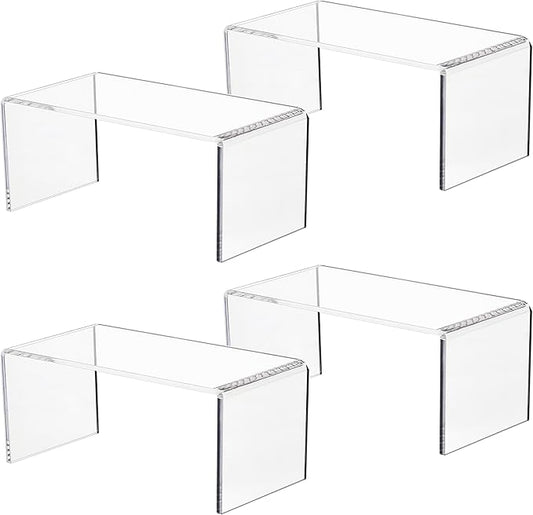 Jusalpha 4 PC Clear Acrylic Risers, Acrylic Display Risers Shelf Showcase Fixtures for Jewelry, Display Stand for Amiibo Funko POP Figures, Cupcakes, Food Display, Cabinet- (8''x 4''x 4.5'', 4 sets)
