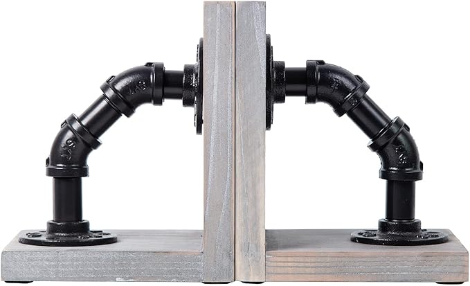 Rustic Decorative Wooden Tabletop Farmhouse Bookends for Heavy Books with Modern Industrial-Style Pipe Office Desktop Bookshelf Organizers Holder Nonskid Shelf Decor for Home Office 1-Pair (Grey)