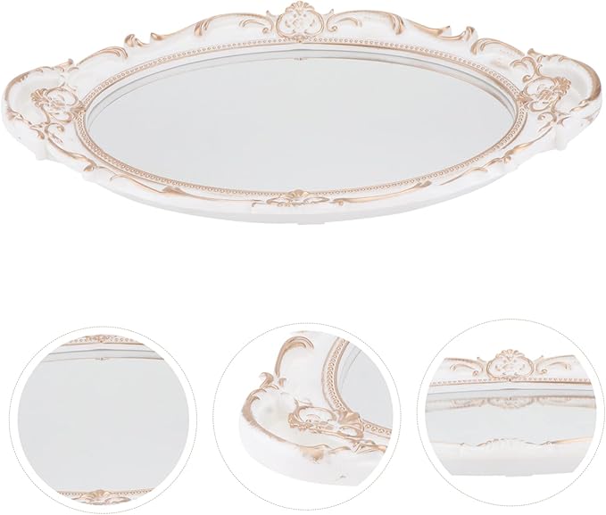 PRETYZOOM Oval Decorative Mirror Tray Vintage Decorative Jewelry Organizer for Makeup and Photo Props Elegant French Style Design for Home and Special Events