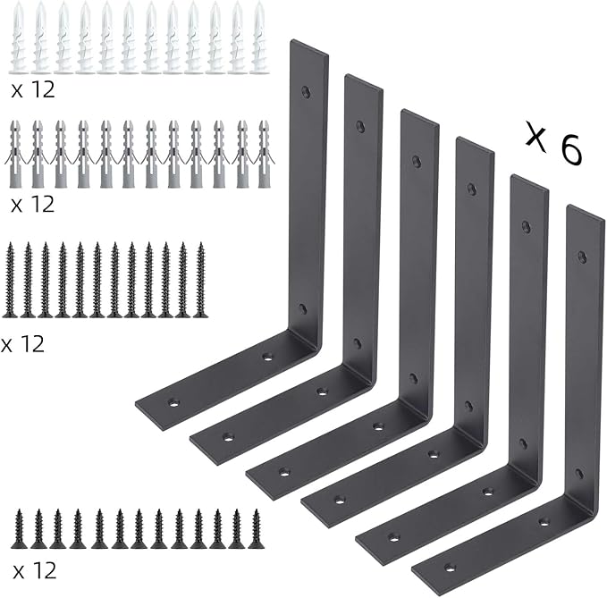 6-Pack Heavy Duty 6-Inch Black Shelf Brackets, L Shelf Bracket 6Inch for Floating Shelves, 1/5-Inch Thick