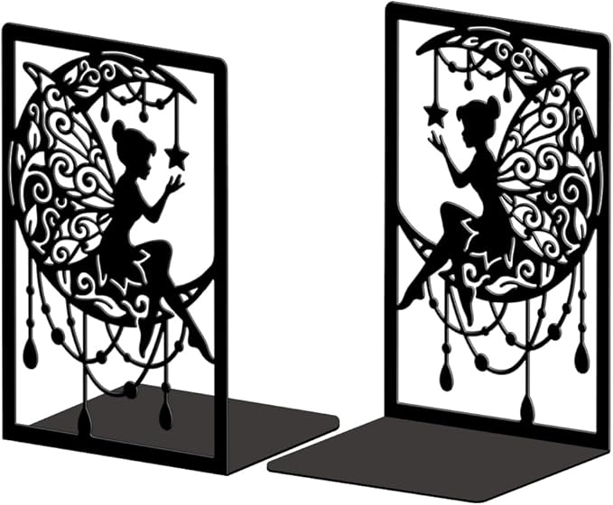 Peacoblue Metal Bookends for Shelves, Modern Decorative Heavy Duty Study Book Ends Stoppers for Office, Desk, Shelf, Room 5.3"x4.3"x7.9" Cast Iron Simple Tall Bookends 1 Pair (Moon and Fairy)