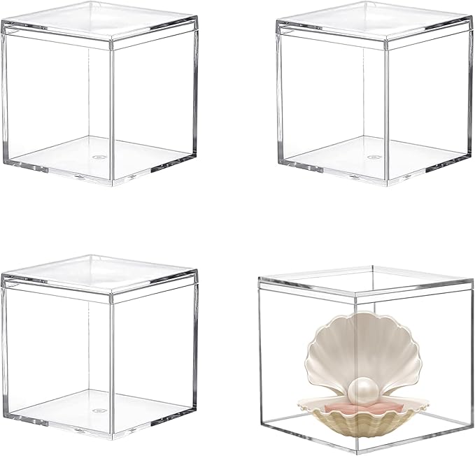 KissYou Acrylic Box 4 Packs Clear Boxes with Lid Acrylic Square Cube for Display Jewelry Storage Box Graduation Wedding Birthday Party Candy Decorative Box