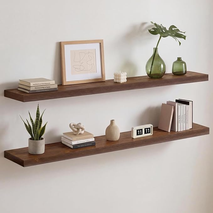 Homeforia Classic Walnut 48 inch Floating Shelf, High End Solid Real Wood Small 48inch Floating Shelves for Wall Mounted, 48in Floating Shelves, Heavy Duty Bracket, 48 X 6.5 X 1.75 inches, Set of 2