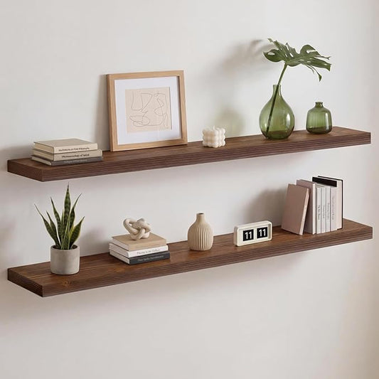 Homeforia Classic Walnut 48 inch Floating Shelf, High End Solid Real Wood Small 48inch Floating Shelves for Wall Mounted, 48in Floating Shelves, Heavy Duty Bracket, 48 X 6.5 X 1.75 inches, Set of 2