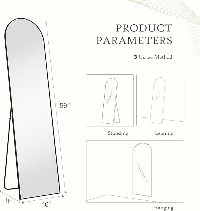 Mirror Full Length, Upgraded Body Wall Mirrors with Shatter-Proof Glass, Floor Standing, Hanging or Leaning, Tall Mirror with Stand Aluminum Alloy Frame for Bedroom