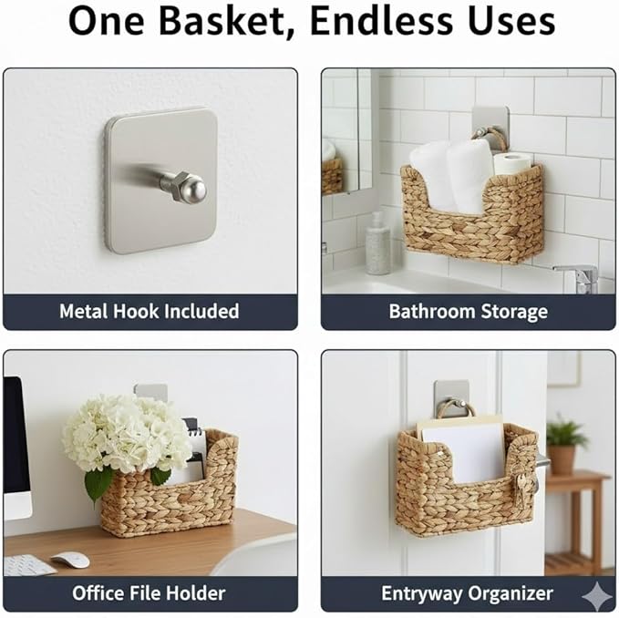 Handwoven Water Hyacinth Wall Basket Storage with Non-Trace Nails - Decorative Hanging Magazine File Holder & Mail Organizer for Wall or Desk - Damage-Free Wicker Book Basket for Office & Home