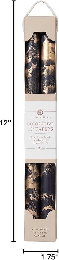 Northern Lights Candles - Premium Decorative Tapers - 12" 2PK - Graphite w/Gold - 73309