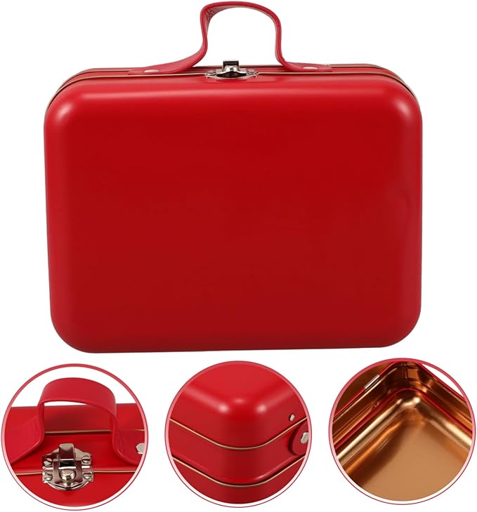 Levemolo Mini Vintage Suitcase Iron Storage Box Decorative Candy Tin Container for Makeup Electronics Versatile Organizer for Parties and Weddings Red