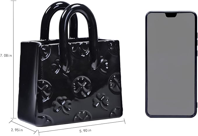 Handbag Shaped Ceramic Vase – Black Small Decorative Vase with Clover Pattern, 5.9"L x 2.95"W x 7.08"H, Multi-Use for Flowers, Makeup Brushes & Pens, Elegant Gift for Women, Gothic & Modern Home Decor