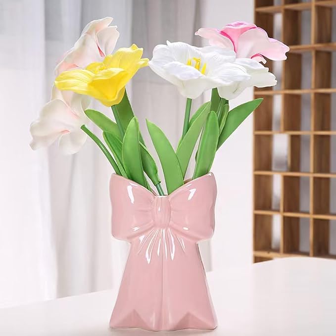 Bow Vase Resin Decorative Small Vase, Pink White Makeup Brush Holder Pen Organizer for Desk, Bathroom Counter Organizer, Home Office Decor Cute Storage Pink