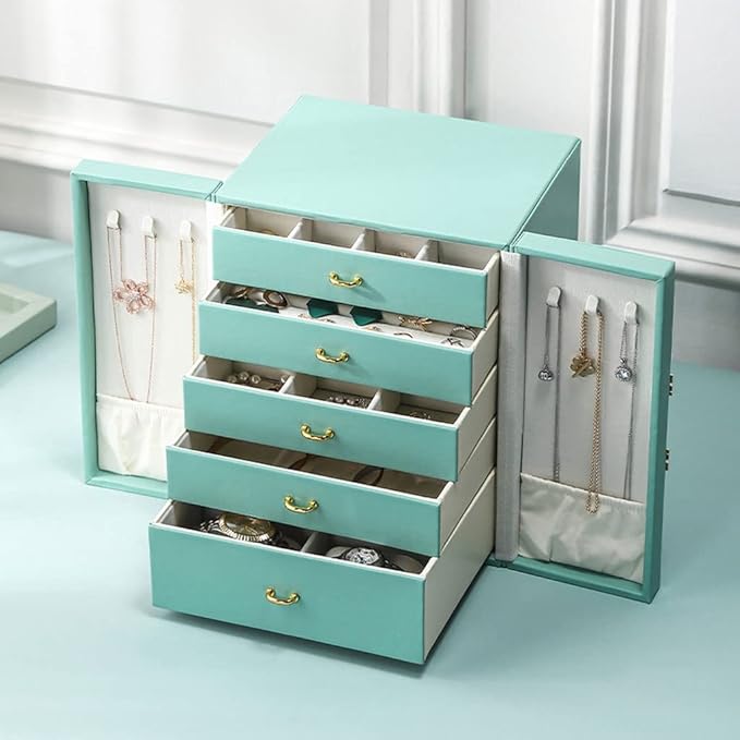 Makeup Organizers Jewelry Box Double Door Five Drawer Storage Box Ring Earring Necklace Bracelet Lipstick Watch Storage Box Built-in Flannel Jewelry Case (Color : A)
