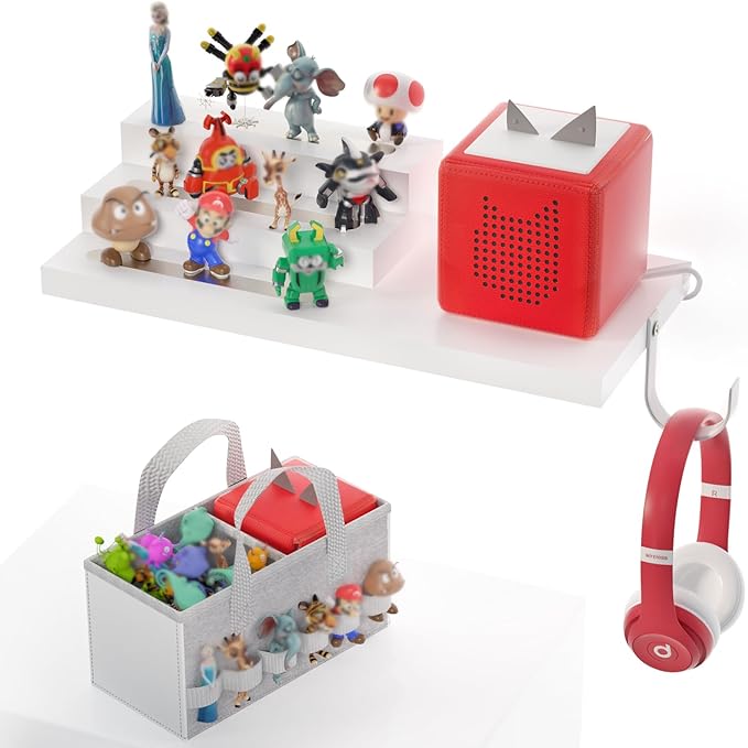 for Tonie Shelf Magnetic - Wooden Tonies Organizer with Carrying Bag, 3 Tiered Magnetic Display Shelf for Toniebox Holder, Wall Mount/Countertop Use Tonies Toy Storage for Kids Room/Playroom (White)