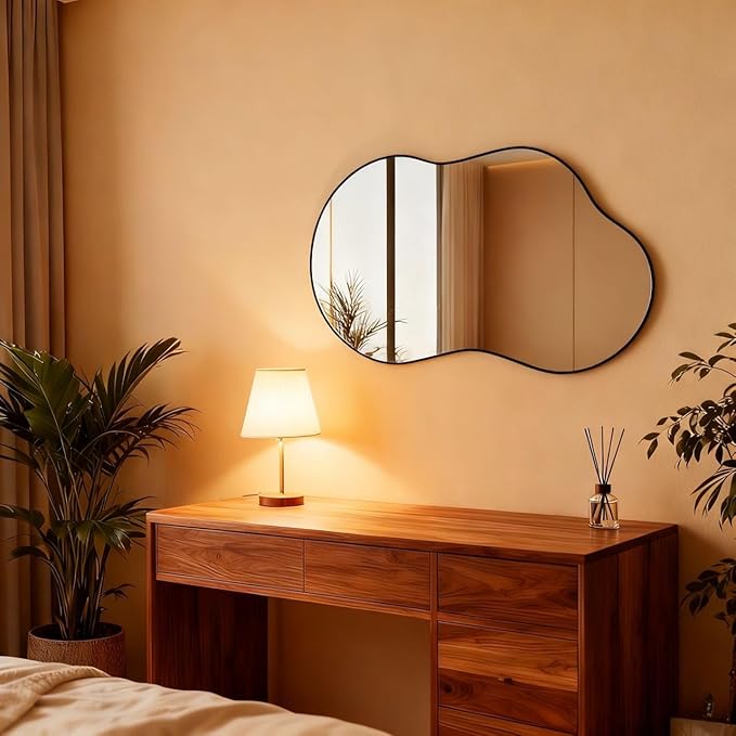 Itrue 26x46 Inch Black Framed Irregular Tempered Glass Wall Mirror, Asymmetrical Vanity Mirror for Bathroom, Bedroom, Entryway