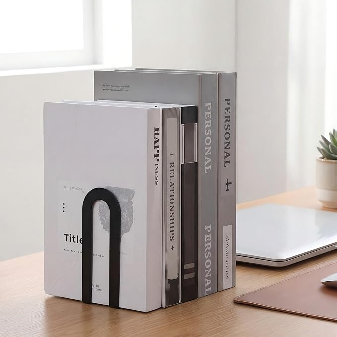 Chunful 6 Pcs Modern Metal Book Ends for Shelves Decorative Small Bookends Book Shelf Organizer Minimalist Design Stopper to Hold Books for Office