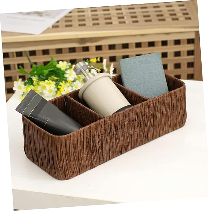 Vintage Woven Storage Box Organizer 3 Compartments Imitated Rattan Design Decorative Tabletop Sundries Basket for Home Office and Craft Supplies