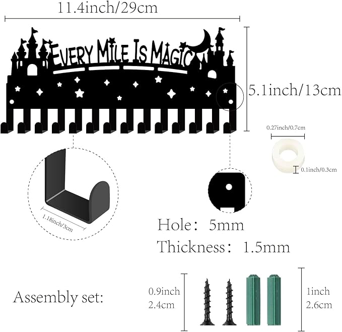 CREATCABIN Castle Medal Hangers Medal Holders Display Metal Small Medal Rack Organizer Plaques Hanger Black Wall Mounted with 14 Hooks for Awards Ribbons Sports Race 11.4x5Inch-Every Mily is Magic