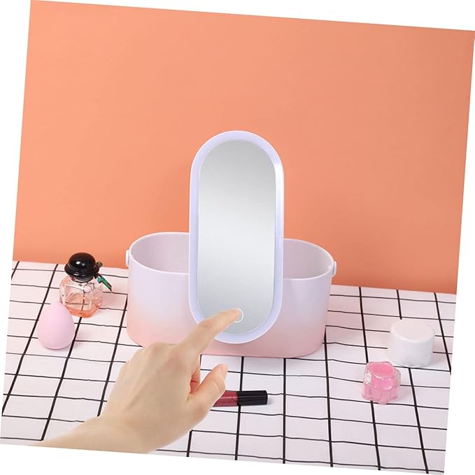 Housoutil Portable Makeup Organizer with Led Mirror Handheld Storage Box for Travel High Definition Rotating Makeup Mirror Sturdy Abs Material for Use