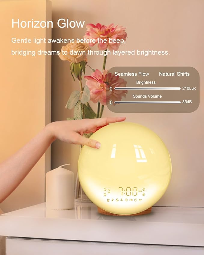 Smart Sunrise Alarm Clock with No Signup APP Control & Wake-Up Light, 4 Alarms, Sound Machine, FM Radio, Wireless Speaker, Wood Grain