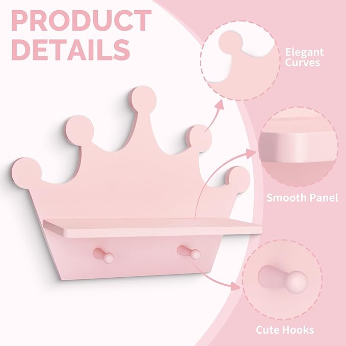 Pink Crown Floating Wall Shelf with Hooks, Princess Room Decor for Girls Bedroom, Nursery Organizer for Girls Room Storage