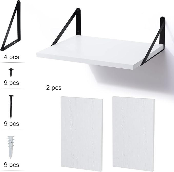 Marsmiles White Floating Shelves for Wall, 12 Inch Deep Wood Wall Mounted Shelves Set of 2, 16W x 12D Wide Floating Wood Shelves for Bathroom Bedroom Kitchen Living Room, White