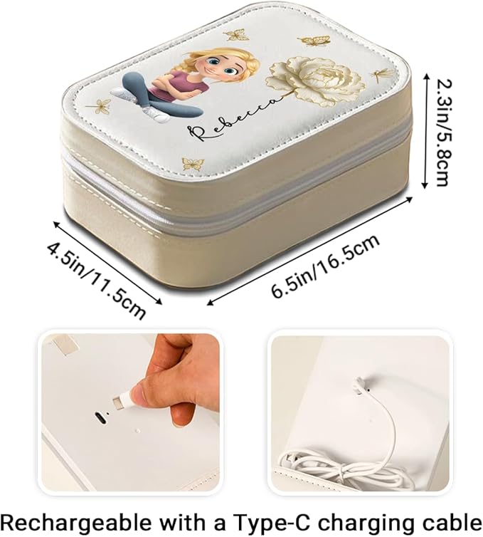 Wrappiness Women & Girls Floral Makeup Box With LED Mirror - Personalized Birthmonth Flower Travel Jewelry Organizer Gift for Daughters Sisters on Birthday Christmas Graduation Wedding
