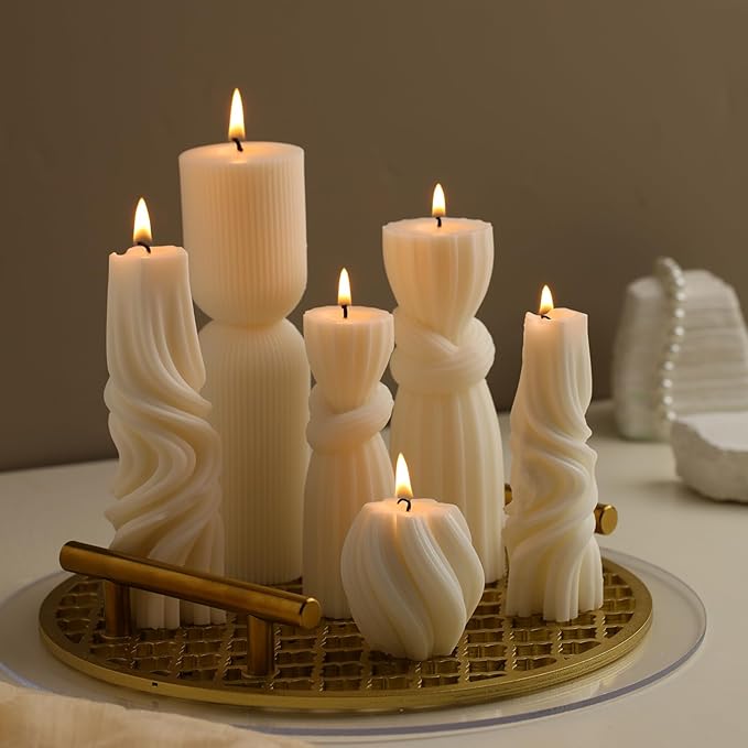 Threlaco 6 Pcs Pillar Candles Decorative Modern Aesthetic Ribbed Candle Set Cute Soy Wax Scented Ribbed Decor Commemorative Gift for Home Decoration(White, 2.36-6.89 Inch)