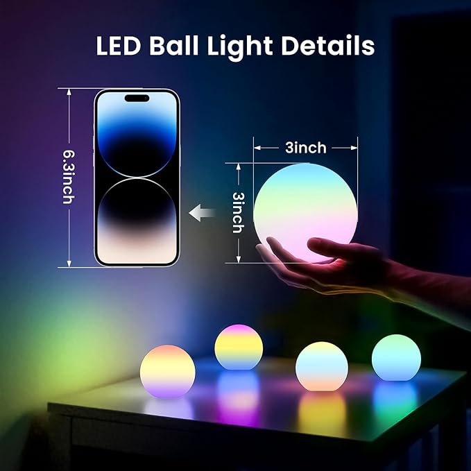 LOFTEK 3-inch Smart Sphere Night Light, Rechargeable LED Ball Lights, 16 RGB Color Change Mood Lighting, Waterproof Ambient Light for Home Bedroom Patio Pool Bathtub Decorative Lighting, 4 Pack