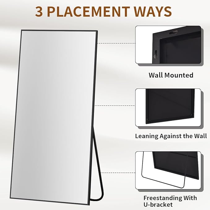 VooBang Large Full Length Mirror 78" x 35" - Shatterproof Huge Floor Full Body Mirror with Metal Frame, Freestanding, Wall Mounted, or Wall Leaning for Bedroom, Living Room, Dressing Room, Black