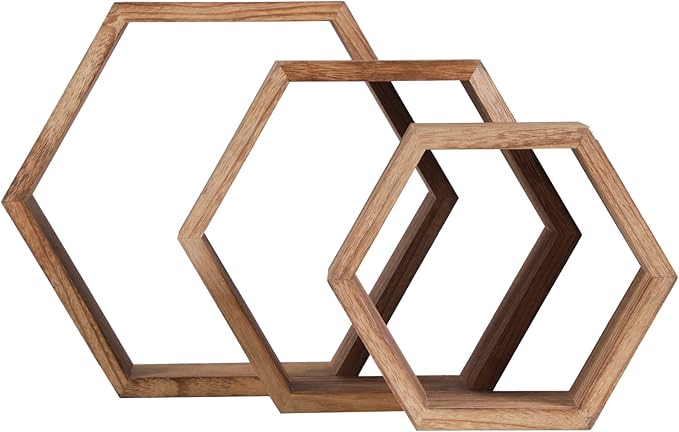PHOENANCEE Hexagon Floating Shelves,Honeycomb Shelf,Wall Mounted Rustic Wood Octagon Hanging Storage Shelves Set of 3 for Living Room Bedroom Bathroom Office Hexagonal Decor(Carbonized Black)