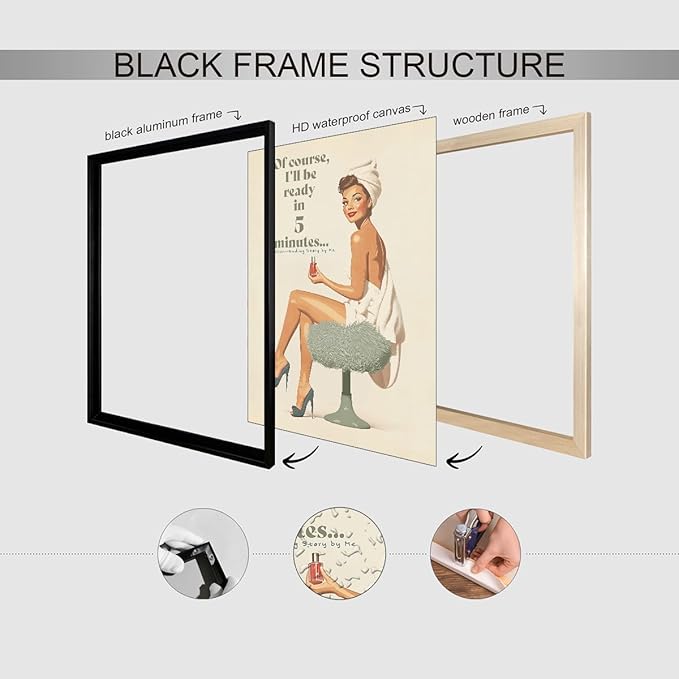 Boho Sage Green Bathroom Poster Vintage 70s Pin Up Girl Wall Art 24X36 inch Black Framed Of Course I'll Be Ready in 5 Minutes Canvas Prints for Toilet Lavatory Wall Decor