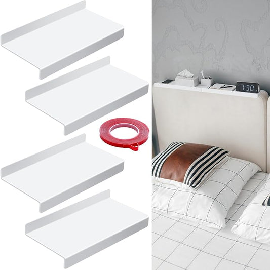 Hoteam 4 Pcs Headboard Shelf No-Screws Dorm Bed Shelf Self Adhesive White Dorm Headboard Storage with Acrylic Double Sided Tape Over Bed Organizer for Flat Top Headboards Home Bedroom Renter