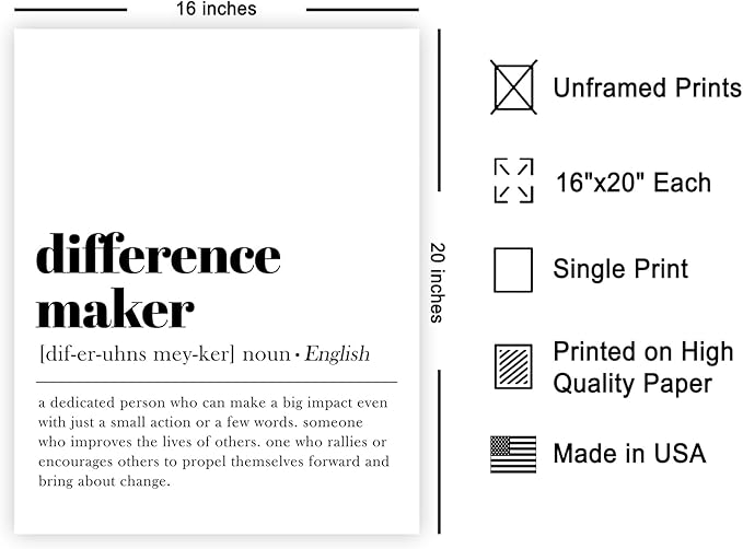 Poster Master Dictionary Art Poster - Definition of Difference Maker Print - Typography Art - Gift for Teacher, Mentor & Boss - Decor for Dorm, Library, Office or Classroom - 16x20 UNFRAMED Wall Art