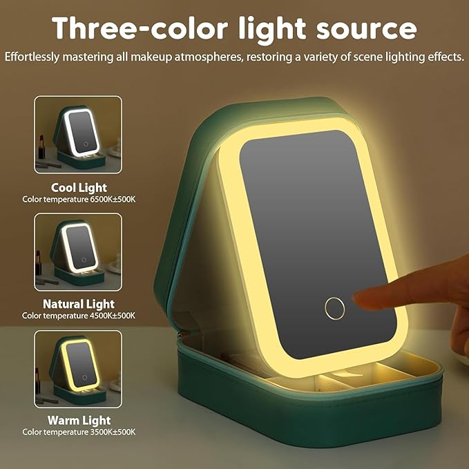 Portable LED Makeup Bag with Adjustable Light-Up Mirror - Three-Color Lighting | Dust-Proof Cosmetic Case with Multi-Compartment Storage and Jewelry Organizer (Green)