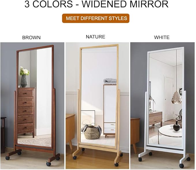 Swivel Full Length Mirror on Wheels 65"x22", Free Standing Wood Frame Cheval Floor Mirror for Dressing, Full Body with Stands, Tilt Angle Adjustable, Brown