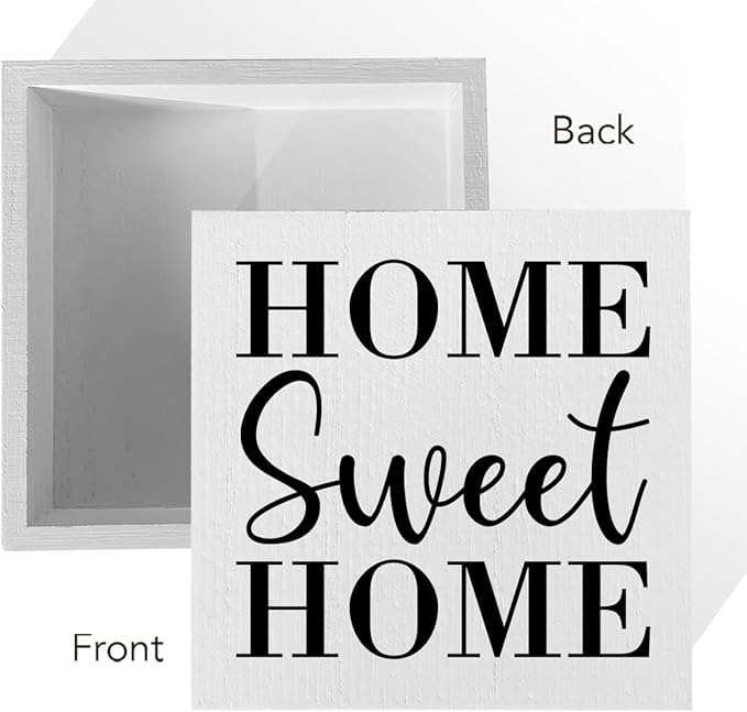Home Sweet Home Rustic Farmhouse Style Wood Sign Art 5 x 5 Inch Wooden Box Plaque for Living Room Desk Décor Gift