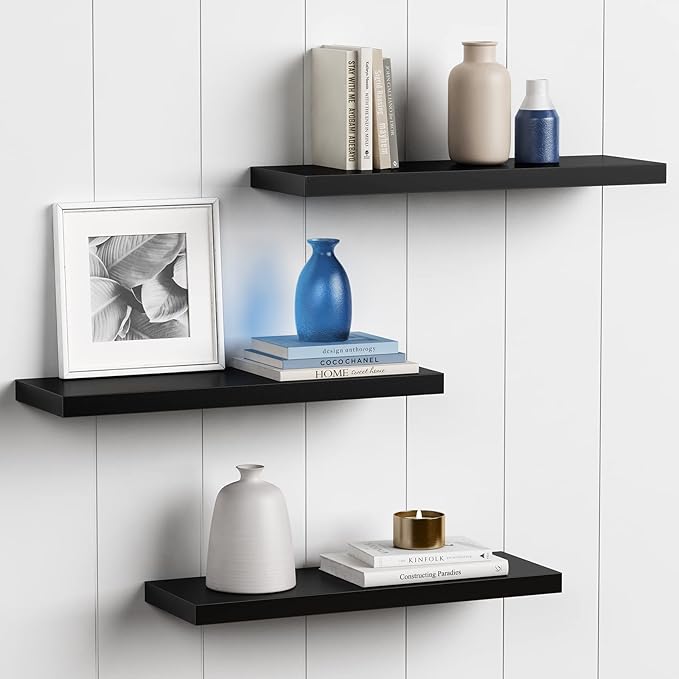 Forbena 24 Inch Long Black Floating Shelves for Wall, Large Wall Shelves for Living Room Decor Bedroom Books, Invisible Wall Mounted Shelves for Bathroom Office Closet TV Shoes - Set of 3