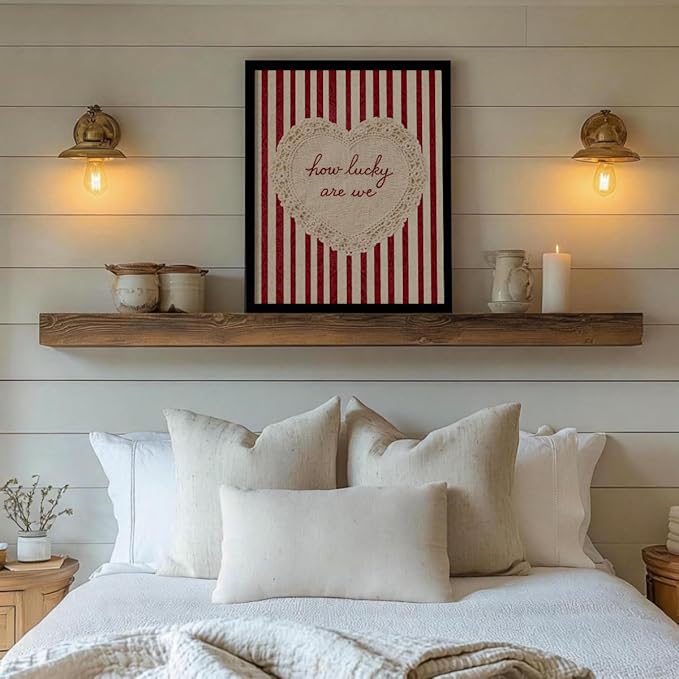 How Lucky Are We Wall Art Red Stripe Affirmation Quotes Poster Coquette Love Lace Heart Canvas Print Fashion Preppy Aesthetic Wall Decor Valentines Day Couple Gift 16X20 inch Aluminum Framed