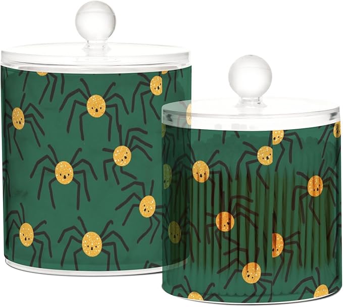 Happy Halloween Spider Green Clear Plastic Makeup Organizer Storage with lid Dresser Essentials Decorative Dental floss storage jar for Cotton Swabs,Cotton Pads,Floss Picks,Paper Clips,Hair