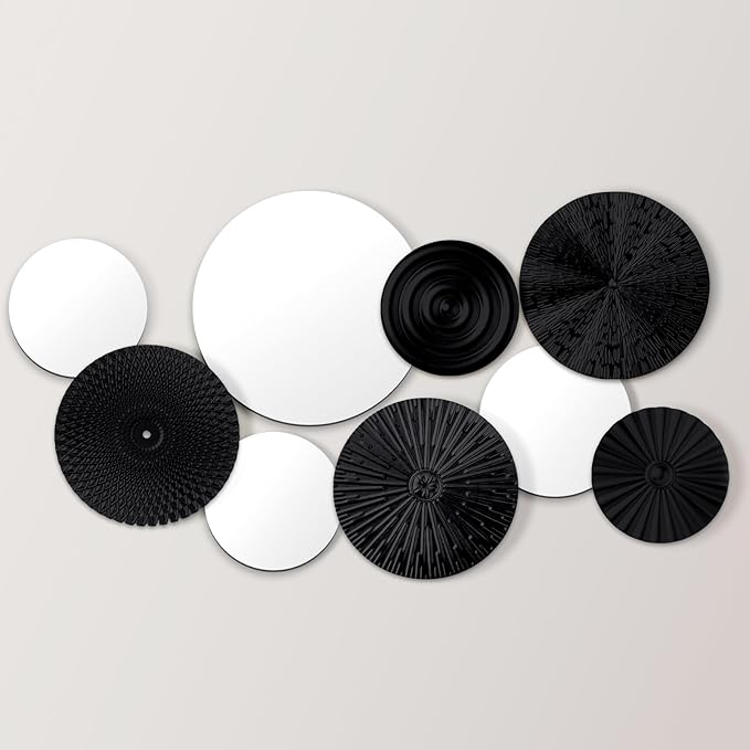 Blulu 9 Pcs Black Mirror Wall Decor Metal Round Home Art Decor Decorative Modern Circle Mirror Wall Art Sculpture Hanging Decorations for Home Living Room Office