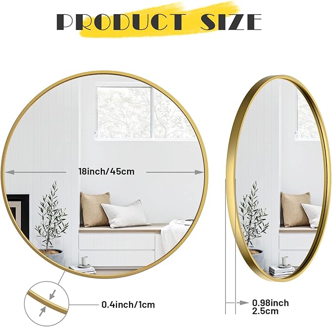 sawsile 18 Inch Round Mirror,Gold Circle Bathroom Large Metal Framed Modern Circular Wall Mirror for Bedroom, Living Room, Entryway,Restroom, Vanity,Hallyway