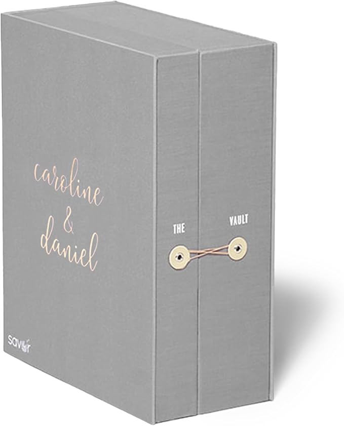 Savor Wedding Gifts Keepsake Box - Ideal Wedding Gifts for Newlyweds - Memory Storage with 52 Hand-Illustrated Labels & 10 File Folders - Elegant & Durable Design, Slate, Caroline
