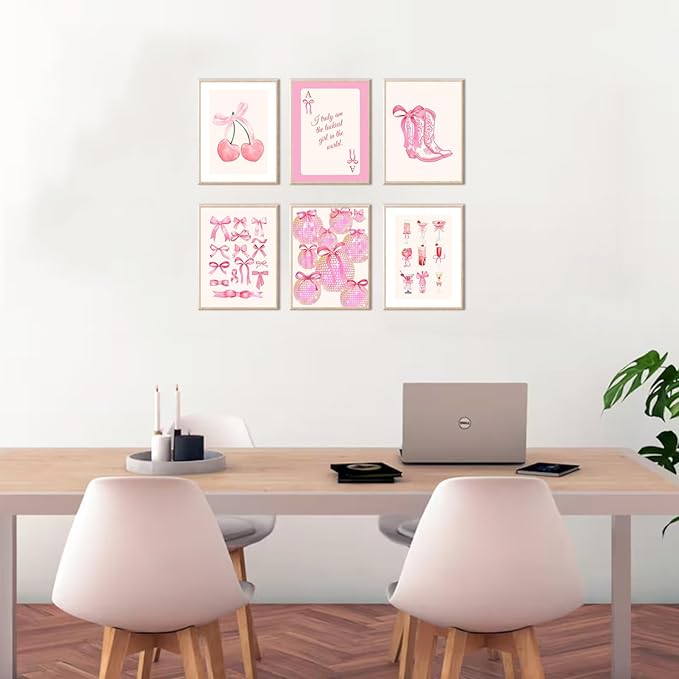 Uniro Coquette Room Decor Pink, Trendy Bows Wall Art Posters for Girls Dorm Bedroom Decor, Cute Coquette Posters, Coquette Wall Decor, Preppy Room Decor Aesthetic, Girly Wall Art Prints Ball Cherry Bow Room Decor for Apartment Decor- 8x10Inch|UNFRAMED