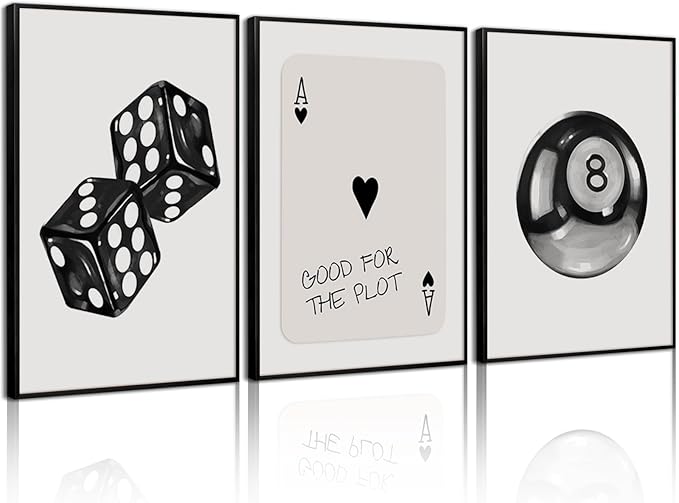 Black White Aesthetic Wall Art Decor 8 Ball Canvas Poster Y2k Cool Dice Pictures Black White Room Decor Trendy Poker Poster Prints Retro Painting Artwork for Apartment Dorm 16x24 Inch Unframed 3Pcs