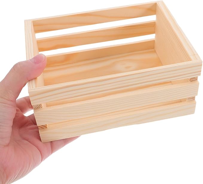 Mini Pine Wood Crate, 6.5" x 4.1" x 3.5" Small Wooden Storage Box with Artistic Hollow Design, Rustic Farmhouse Wood Crate for DIY Crafts, Desk Organizer & Kitchen Decor