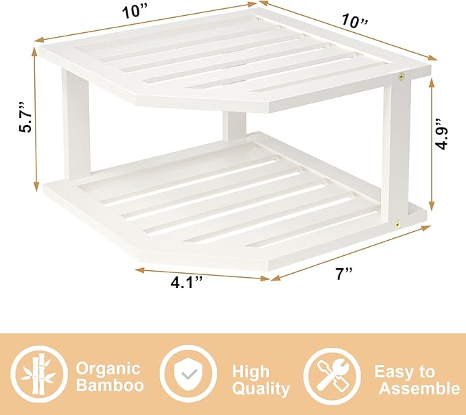 VERTORGAN Bamboo Corner Shelf(2 Pack),2 Tier Plate Organizer for Cabinet and Countertop,Pantry Dish and Spice Rack for Kitchen(White)