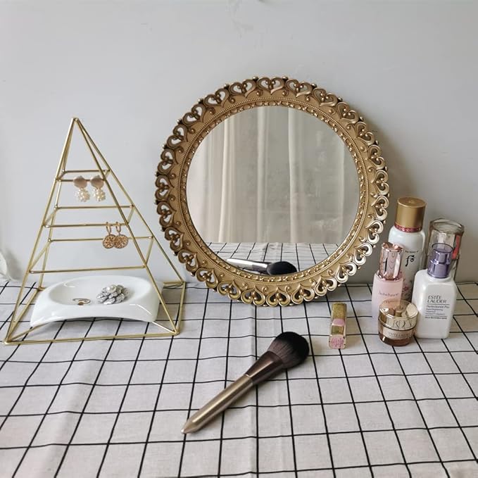 YANIZU Decorative Mirror Tray, Round Hollowed Out Design, Organizer for Makeup, Jewelry, Perfume, Vintage Display and Serving Tray for Dresser, Counter and Coffee Table, 12inchesX 12inches, Gold