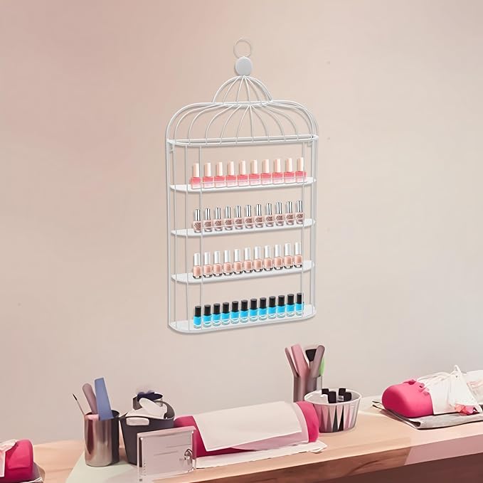 4-Tier Nail Polish Wall Racks 20 * 37 Inch Hold Up to 200 Bottles Birdcage Iron Nail Polish Shelf Organizer Wall Mounted 4 Rows (White)