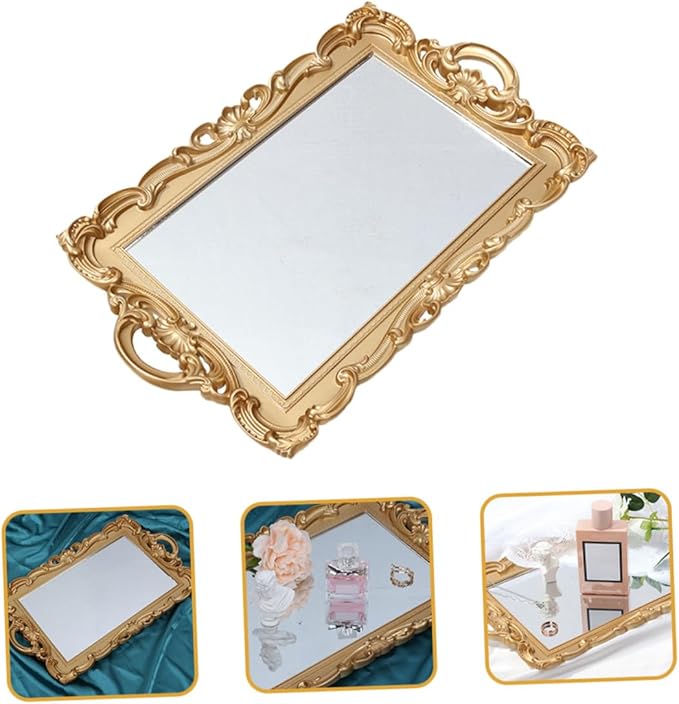 FRCOLOR Decorative Mirror Plate Perfume Tray Makeup Vanity Tray for Dresser Organizer with Glass Surface for Bathroom and Bedroom Display