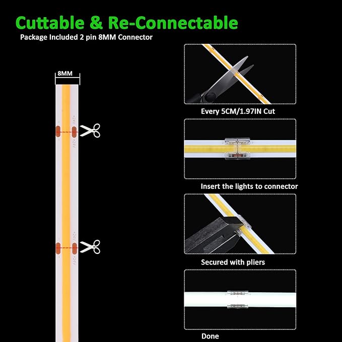 JOYLIT 49.2FT/15M COB LED Strip Lights 24V 3000K Warm White Indoor, 480LEDs/M High Density Spotless CRI 90+ Dimmable Flexible Tape Light for Bedroom, Cabinets, Retail (Power Supply Not Included)